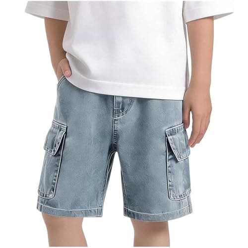 Image of Flodxo Wide Leg Denim Shorts Kids Boys Summer Knee Length Jeans Shorts Casual Cargo Denim Pants Loose Fit Wide Leg Jeans with Pockets Y2K Vintage School Hip Hop Denim Trousers Light Blue 5-6Y