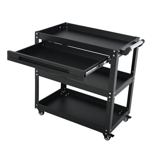 Image of 3-Tier Workshop Tool Trolley Cart with Drawer, Steel Garage Storage Cart, Black
