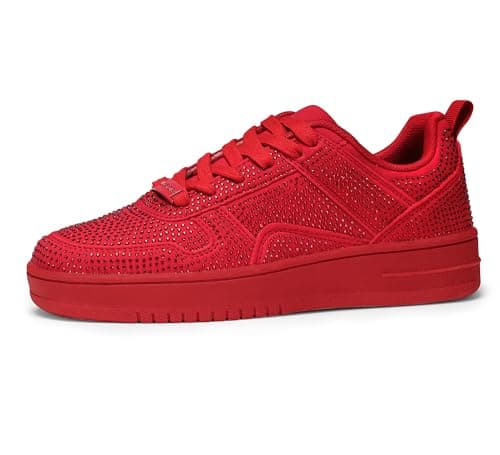 Image of LUCKY STEP Women Fashion Sparkle Rhinestone Sneakers White Leather Low Top Tennis Shoes Lace Up Casual Comfortable Walking Shoe (Red Rhinestone, 8US-38EU-5UK)