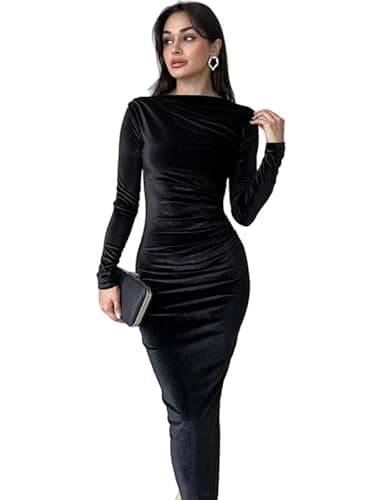 Image of Hanaoops Womens Long Sleeves Dress Bodycon Velvet Wrap Ruched Maxi Dresses Slim Fit Evening Cocktail Party Dresses for Women Wedding Guest Long Dress Black
