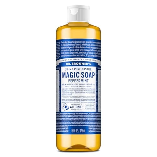 Image of Dr Bronner's 18-in-1 Peppermint Pure-Castile Liquid Soap, Made with Organic Oils, Used for Face, Body, Hair, Laundry, Pets and Dishes, Certified Fair Trade & Vegan Friendly, 473ml Recycled Bottle