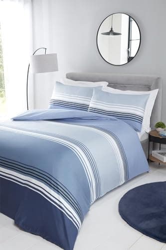 Image of Rapport Home Duvet Set Blue Stripe Bedding Set 2 PCS With Pillowcase – Soft Microfibre Classic Striped Design Non-Iron Lightweight & Durable Wrinkle-Free Fabric With Snap Closure, Single