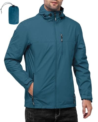 Image of Outdoor Ventures Men's Lightweight Waterproof Jacket Windproof Rain Coats Pack Away Hooded Jackets Windbreaker for Camping Fishing Running Cycling China Blue L