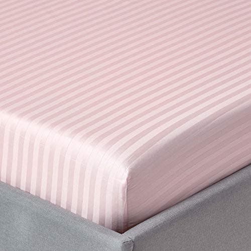 Image of HOMESCAPES Pink Deep Fitted Sheet (12”) Double 330 TC 500 Thread Count Equivalent Satin Stripe Pure Egyptian Cotton Bed Sheet with Fully Elasticated Skirt