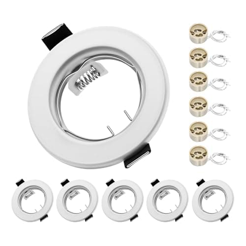 Image of Round White Recessed Ceiling Downlight Frames with GU10 Sockets, 55-70mm Cut-Out Hole Size, Compatible with LED & Halogen Bulbs, Mounting Frame for Spotlight Fixtures (Bulbs Excluded) - 6 Pack