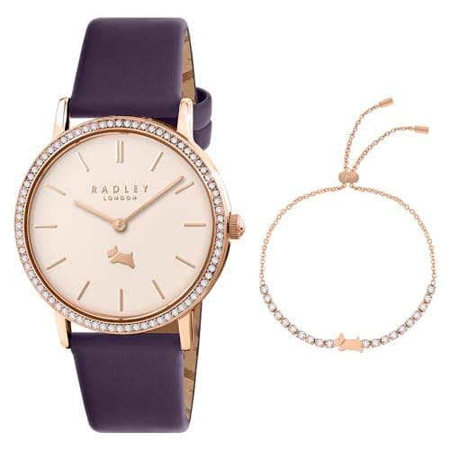 Image of RADLEY 18ct Rose Gold Plated Purple Leather Strap Watch and 18ct Rose Gold Dog Bracelet Gift Set RY21806A-SET