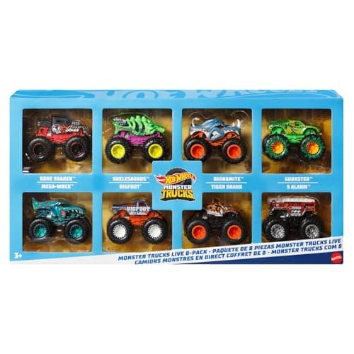 Image of Hot Wheels Monster Trucks, Set of 8 1:64 Scale Die-Cast Toy Trucks Featuring Hero & Fan-Favorite Characters from Monster Trucks Live & the YouTube Series, JCW76