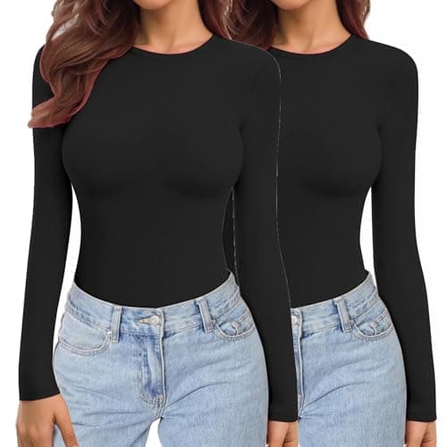 Image of Ekouaer Womens 2 Pack Long Sleeve Tops Crew Neck Shirts Thermal Tops Stretch Fitted Underscrubs Layer Tee Black + Black S