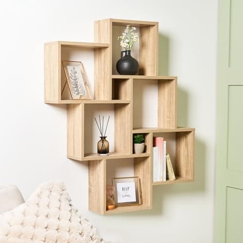 Image of OHS 6 Tier Cube Shelves for Wall, Wooden Wall Mounted Shelving Unit Display Shelf Rack Storage Organiser Unit Decorative Floating Book Shelf for Living Room Bedroom, Natural
