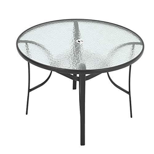 Image of DKIEI φ105cm Round Outdoor Dining Table with Parasol Hole, Glass Top Garden Table with Steel Frame for Patio, Coffee, Bistro, Balcony Backyard and Poolside, Black
