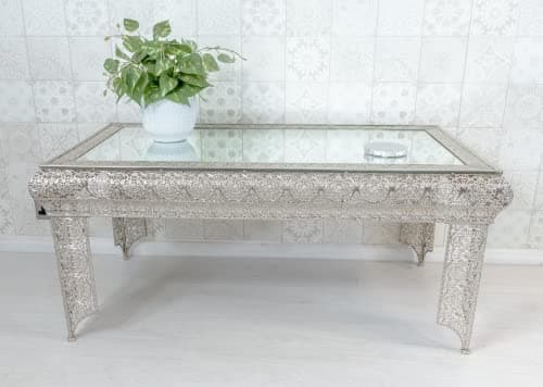 Image of DOWNTON INTERIORS Silver Moroccan Style Embossed Metal Mirrored Glass Coffee Table (GZ419) Part of the AGADIR Collection