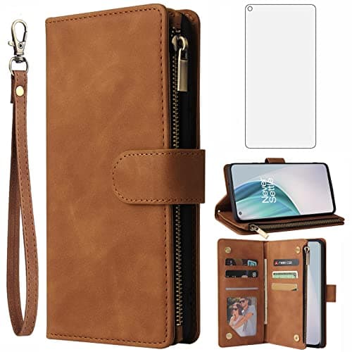Image of Asuwish Compatible with OnePlus Nord N100 Wallet Case Tempered Glass Screen Protector and Flip Cover Card Holder Stand Cell Phone Cases for One Plus N 100 4G 1 Plus 1plus One+ 1+ 100N Women Men Brown