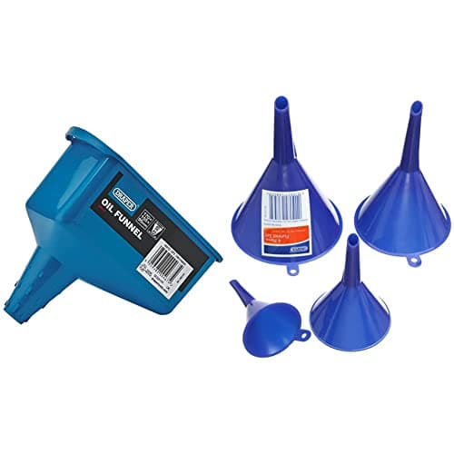 Image of Draper 30910 Oil Funnel, Blue, One Size & 43853 Plastic Funnel Set, 50mm/75mm/100mm/115mm Ø, Blue, 4 Pcs, Pack of 4