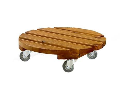 Image of Samuel ALEXANDER Handcrafted Heavy Duty Round Traditional Wood Garden Patio Plant Flower Pot Stand Caddy Trolley on Strong Metal Castor Wheels 40cm