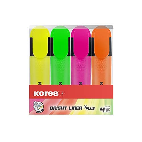 Image of Kores Bright Liner Chisel Tip Highlighter Pens - Quick-Dry Water-Based Fluorescent Ink for Study Notes and Office Documents, Assorted Colours, Pack of 4