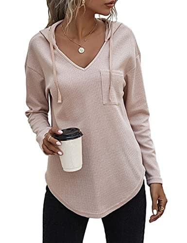 Image of Cuptacc Knitted Hoodies For Women Uk Waffle V Neck With Pocket Long Sleeve Sweatshirts Loose Comfy Women Sweater With Drawstring Apricot M