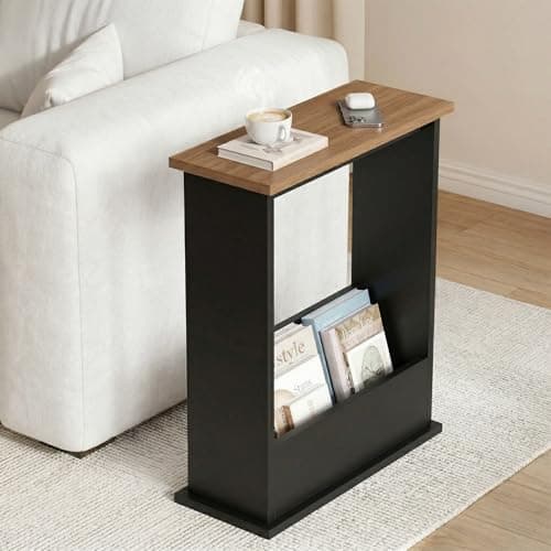 Image of Blisswood Side Table, Slim Side Table with Magazine Rack, Modern Style Small Sofa End Tables for Living Room and Office, Narrow Bedside Tables for Bedroom, Study (Walnut & Black)