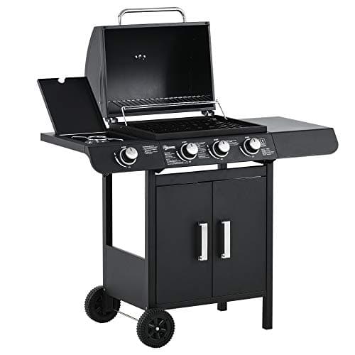 Image of Outsunny 3+1 Burner Gas BBQ Grill, Outdoor Barbecue Trolley with Wheels, Warming Rack, Side Shelves, Cabinet, Thermometer for Garden, Party, Camping, 110L x 50W x 100Hcm, Black
