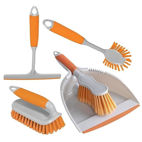 Image of CHARLES BENTLEY 5 Piece Cleaning Set, Grey, Dustpan & Brush, Dish Brush, Scrubbing Brush, Squeegee, Comfortable Handles, Practical, Grey, Plastic, Soft Grip, Orange, Hanging Holes (32x24x10.5cm)