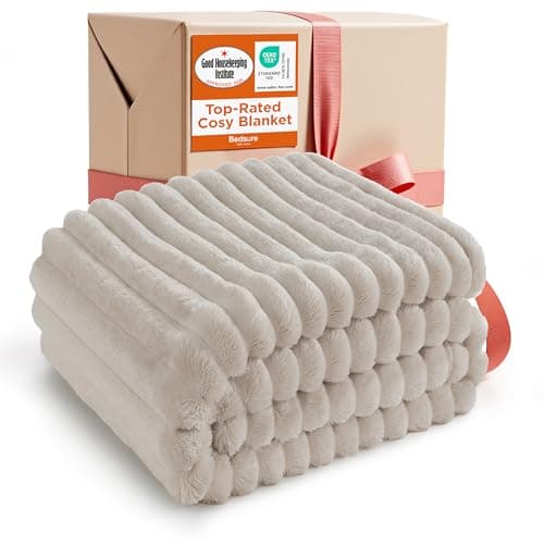 Image of Bedsure Fleece Throw Blanket for Sofa - Fluffy Cosy Warm Blankets for Bed, Soft Cute Single Throw Gifts for Women and Girls, Beige, 130x170 cm