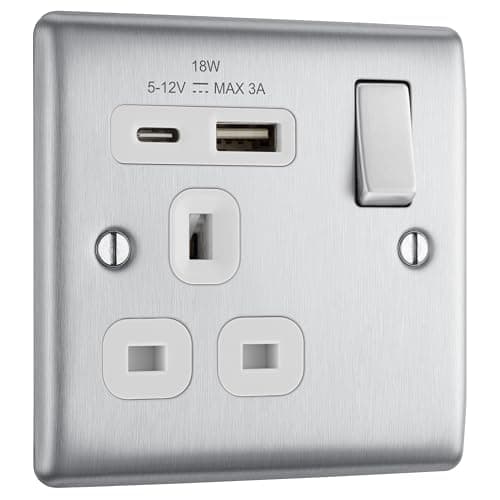 Image of BG Electrical 18W Single Switched Power Plug Wall Socket with Type A USB and Type C USB Charging Ports, Fast Charge, Round Edges, Nexus Metal, Brushed Steel, White Inserts, 13A, NBS21UAC18W