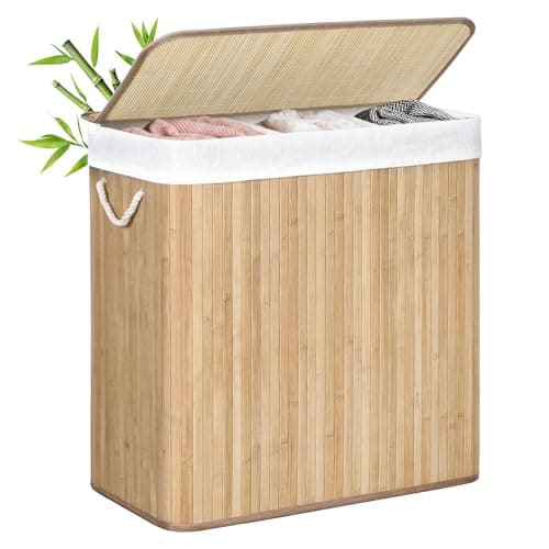 Image of SONGMICS LCB091N01 Laundry Basket, 150 L Laundry Basket, 3 Compartments Sorting Compartments, Bamboo Lid, Handles, Foldable, Removable Machine Washable Bag, for Laundry Room, Bedroom, Wood Colour