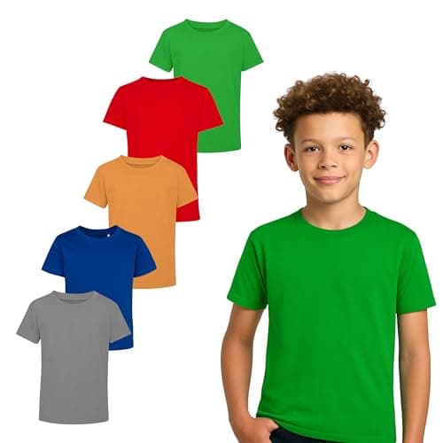 Image of Boys & Girls T-shirts For Kids (Pack of 5) | Cotton, Plain, Short Sleeve, Comfortable & Durable Tops in MultiColor | Best For School, Sports, Travel & Outdoor Activities | MultColour , 5-6 Years