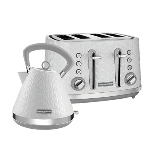 Image of Morphy Richards Vector Pyramid Kettle and 4-Slice Toaster Set – 1.7L Rapid Boil Traditional Kettle with Anti-Limescale Filter & Variable Browning 4-Slice Toaster, White 108134 | 248134