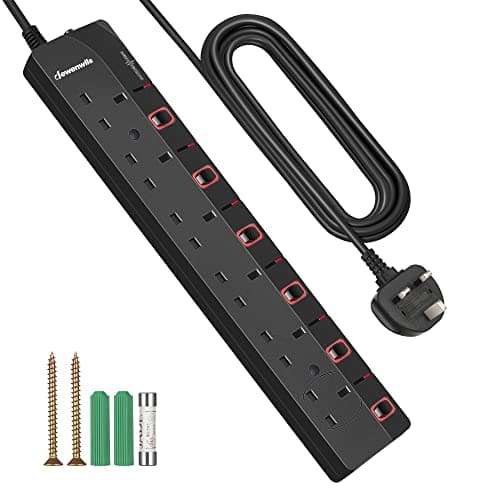 Image of DEWENWILS 6 Way Extension Lead with Individual Switches, Surge Protected Extension Cable 5M with Indicator Lights, 13Amp Extension Cord, Wall Mounted, Black