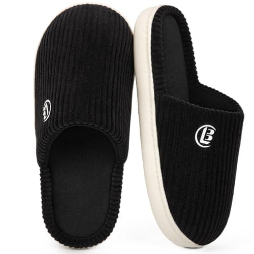 Image of LongBay Women’s Warm Slippers Comfy Corduroy Memory Foam Slip On House Shoes Indoor Outdoor Non-Slip Sole Black, 7-8