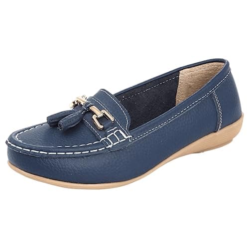 Image of Ladies Real Leather Tassel Slip On Moccasin Flat Nautical Boat Shoes Loafers Size 3-8 (3 UK, Dark Blue)