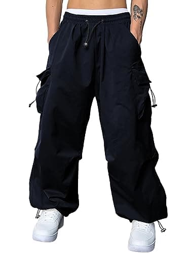 Image of JMIERR Mens Baggy Cargo Trousers Trendy Casual Parachute Pant Loose Fit Harem Joggers with Pockets for Streetwear,Navy Blue,S