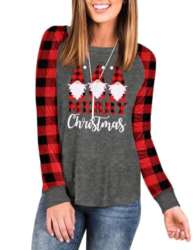 Image of LACOZY Womens Christmas Gnome Shirt Long Sleeve Christmas Graphic Tees Crewneck Plaid Sleeve Raglan Holiday Funny Xmas Tops Grey XL
