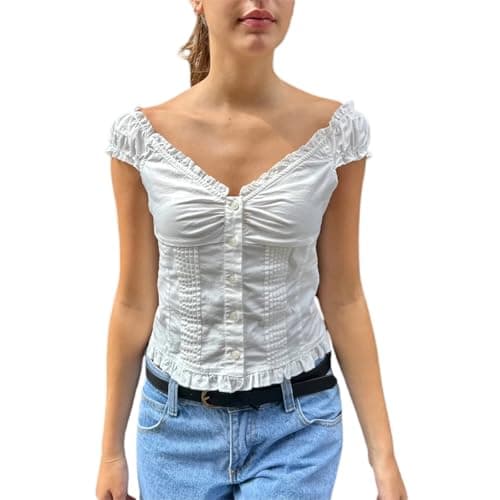Image of Edhomenn Women T-Shirts Solid Cap Sleeve Ruffle Blouse Y2k Summer Tops Streetwear (12 Ivory, M)