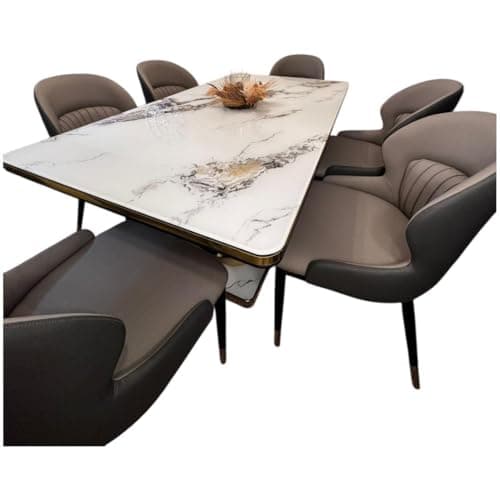 Image of TopSpot Luxury 6-Seater Dining Table Set – White Marble Effect Rectangular Table with Gold Base & 6 Grey Faux Leather Chairs – Elegant Dining Room Furniture (Grey)
