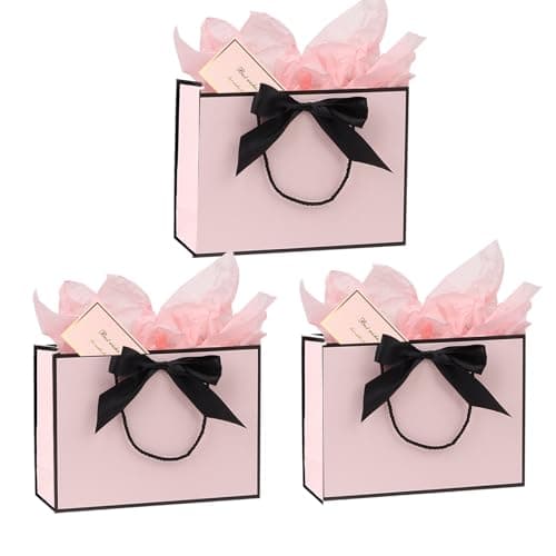 Image of Medium Gift Bags wit Tissue Paper and Gift Cards for Present,3Pcs Paper Bags with Handles for Girls Womens Men Birthday Party Christmas Wedding Thank You ,Any Occation (Pink&Black)