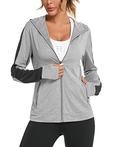 Image of Wayleb Womens Zip Up Hoodie Sports Jacket Ladies Hoodies Long Sleeve Gym Tops Hooded Sweatshirt Running Coat with Pockets and Thumb Holes