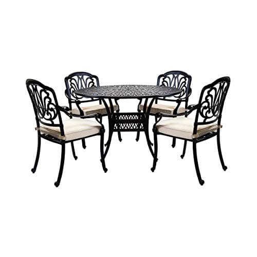 Image of CHARLES BENTLEY Cast Aluminium Round Table And 4 Chairs Set, Black, Outdoor Table, with Four Beige Cushions, Garden, Patio, With Central Hole For Parasol, Weatherproof, Armchairs (120x120x90cm)