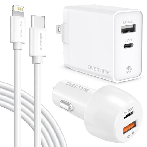 Image of Apple Home Charger Adapter and Lightning Cable with Car Charger - 2.4 Amp Dual Charger Kit with Rapid Charge Apple Lightning to USB Cable for iPhone iPad iPod - Smart Device Multi-Charger - White