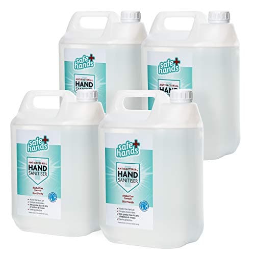 Image of Safe Hands | Hand Sanitiser Gel | Alcohol Free | 5 litre (4 Pack) | Antibacterial & Antiviral Non Alcohol Hand Sanitizer | Kills >99.99% of Bacteria & Viruses | Fully Tested & Certified| Refill
