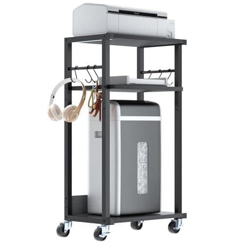Image of YMYNY Mobile Printer Stand, 3 Tier Under Desk Home Printer Cart on Wheels, Industrial Height Adjustable Wood Rolling Printer Table for Fax Machine, Scanner 44×30×82CM Black HPT002B