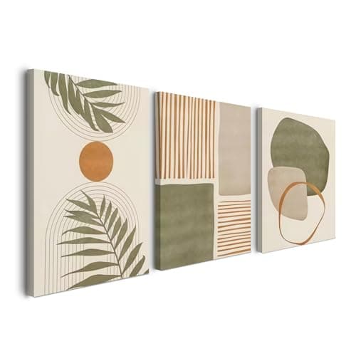 Image of Alptiny Set of 3 Abstract Geometric Canvas Wall Art - Modern Wall Decor with Green and Orange Tones, Minimalist Wall Art for Living Room, Bedroom, and Hallway