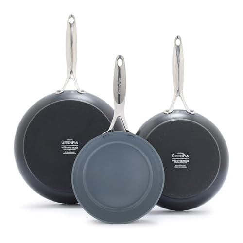 Image of Greenpan Valencia Pro Hard Anodized 3 Piece Fry Pan Skillet Set, Ceramic Nonstick 8" 9.5" and 11" Induction Suitable Frying Pans, PFAS-Free Cookware, Dishwasher Safe, Oven and Broiler Safe, Gray