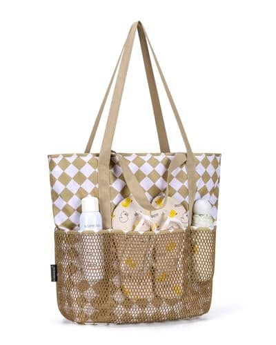 Image of KABAQOO Beach Bag with Zip and Pockets Small Beach Tote Bags for Women with Compartments and Key Chain Foldable Shopping Bag Pool Bag, Yellow and White Checkered