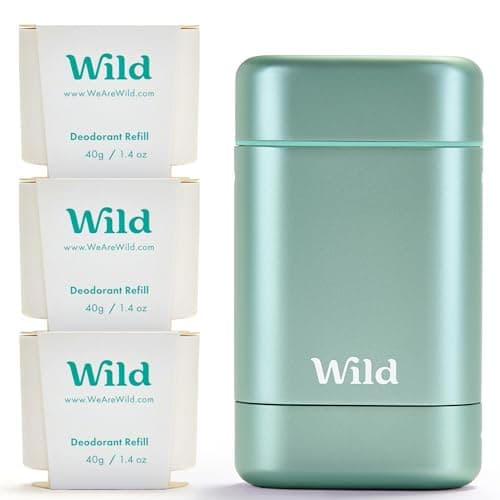 Image of Wild - Natural Refillable Deodorant - Aluminium Free - Aqua Case with 3 x Fresh Cotton & Sea Salt Refill (40g) - Vegan & Eco-Friendly - Long Lasting Protection - Natural Ingredients - Starter Kit