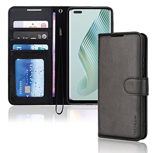 Image of TECHGEAR Leather Wallet Case for Honor Magic 5 Lite 5G, Flip Protective Case Cover with Wallet Card Holder, Stand & Wrist Strap - Black PU Leather with Magnetic Closure for Honor Magic 5 Lite 5G