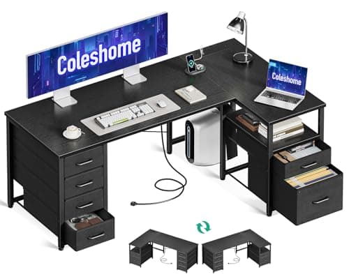 Image of Coleshome Computer Corner Desk with Drawers, 140×80 cm L Shaped Office Desk with Power Outlet, Reversible Study PC Table with Storage for Bedroom, Black