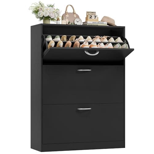 Image of FirFurd Shoe Cabinet Black Shoe Storage Cupboard with 3 Flip Doors Shoe Cabinets Hallway Slim Freestanding Footwear Organizer 80 x 23.5 x 108 cm