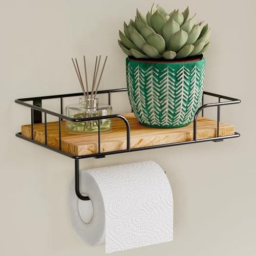 Image of THYGIFTREE Wooden Toilet Roll Holder with Shelf, Toilet Paper Holder with Wet Wipes Box Wall Mounted Tissue Black Toilet Roll Holder wooden with Drilling Loo Roll Holder for Bathroom Accessories