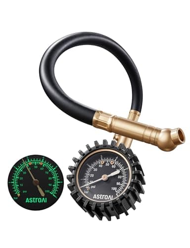 Image of AstroAI Heavy Duty Tyre Pressure Gauge, 100 PSI Certified ANSI B40.1 Accurate with Large 2" Easy Read Glow Dial, Durable Rubber Hose and Solid Brass Construction for Car Truck Motorcycle